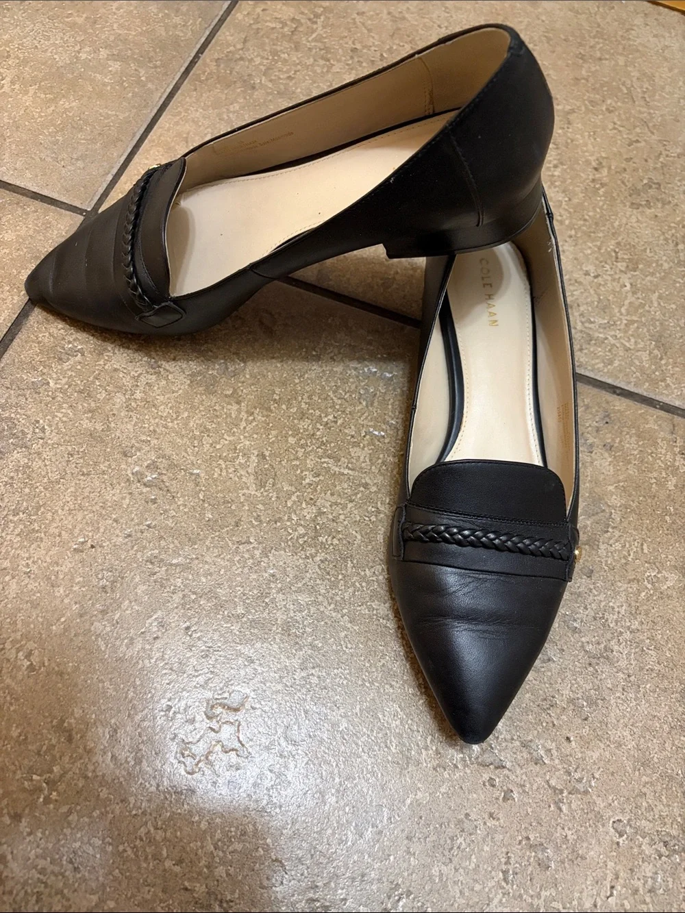 Cole Haan Black Braided Pointed-Toe Leather Flats